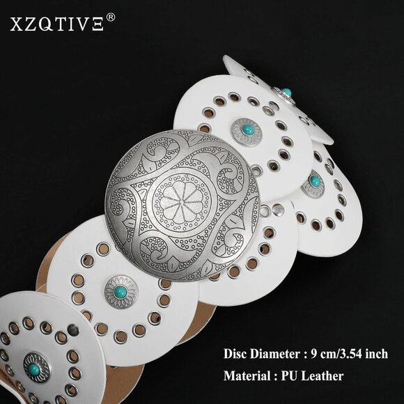 Woman\'s Western PU Leather Belts Concho Disc Wide Waist Belt White Silver Buckle